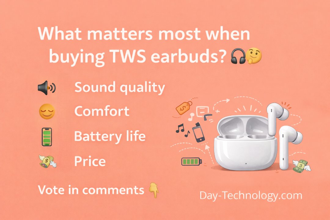 DayTechnology1's tweet image. What matters most when buying TWS earbuds? 🎧🤔
🔊 Sound quality
😌 Comfort
🔋 Battery life
💸 Price

Vote in comments👇

For latest gadgets visit 👉 Day-Technology.com

#TWSEarbuds #TechPoll #GadgetTalk #AudioLovers