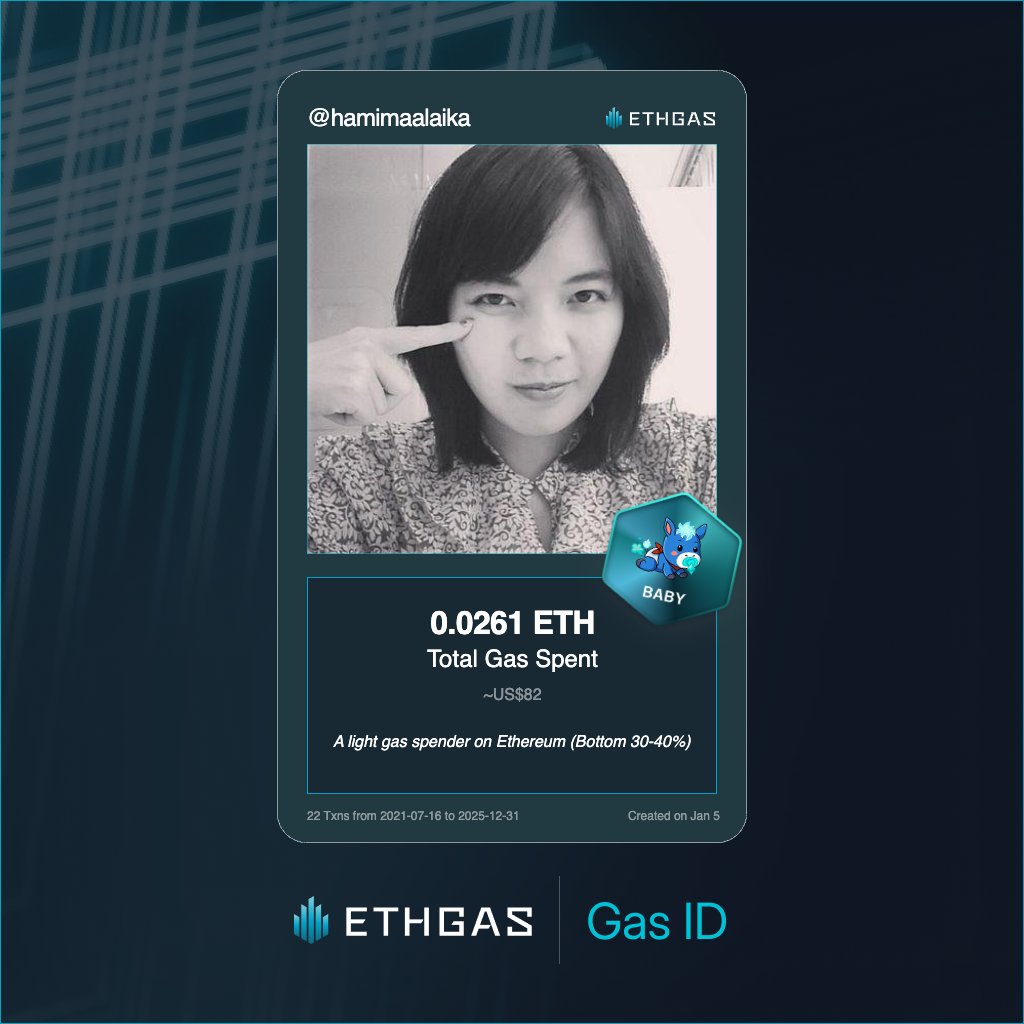 Leveled up in the Great Gas Reckoning with ETHGas! 💪

Baby Jack status: 0.0261 ETH gas spent, 12 Beans earned—supporting the Gasless Future!

Claim your Gas ID at ethgas.com/community/gas-…