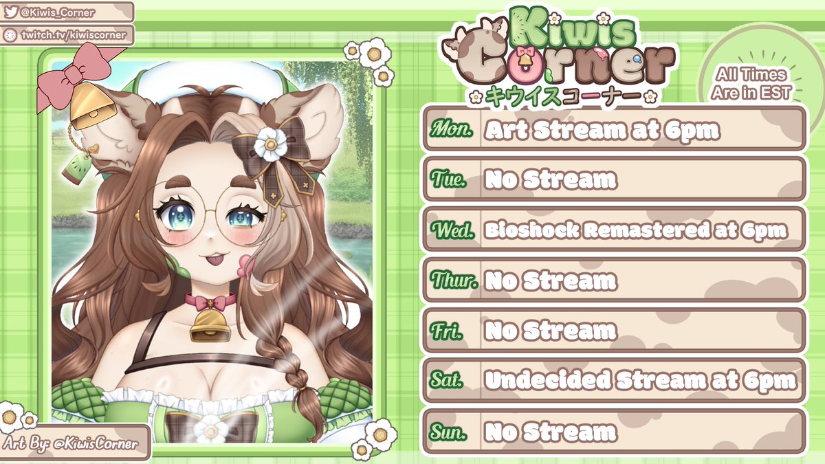 ❄️Schedule ~ Jan 5th - 11th 2026❄️

Twitch. tv/kiwiscorner

---------------~.°˖✧🥝🐄✧˖°.~---------------
#VTuberUprising #VtubersEN