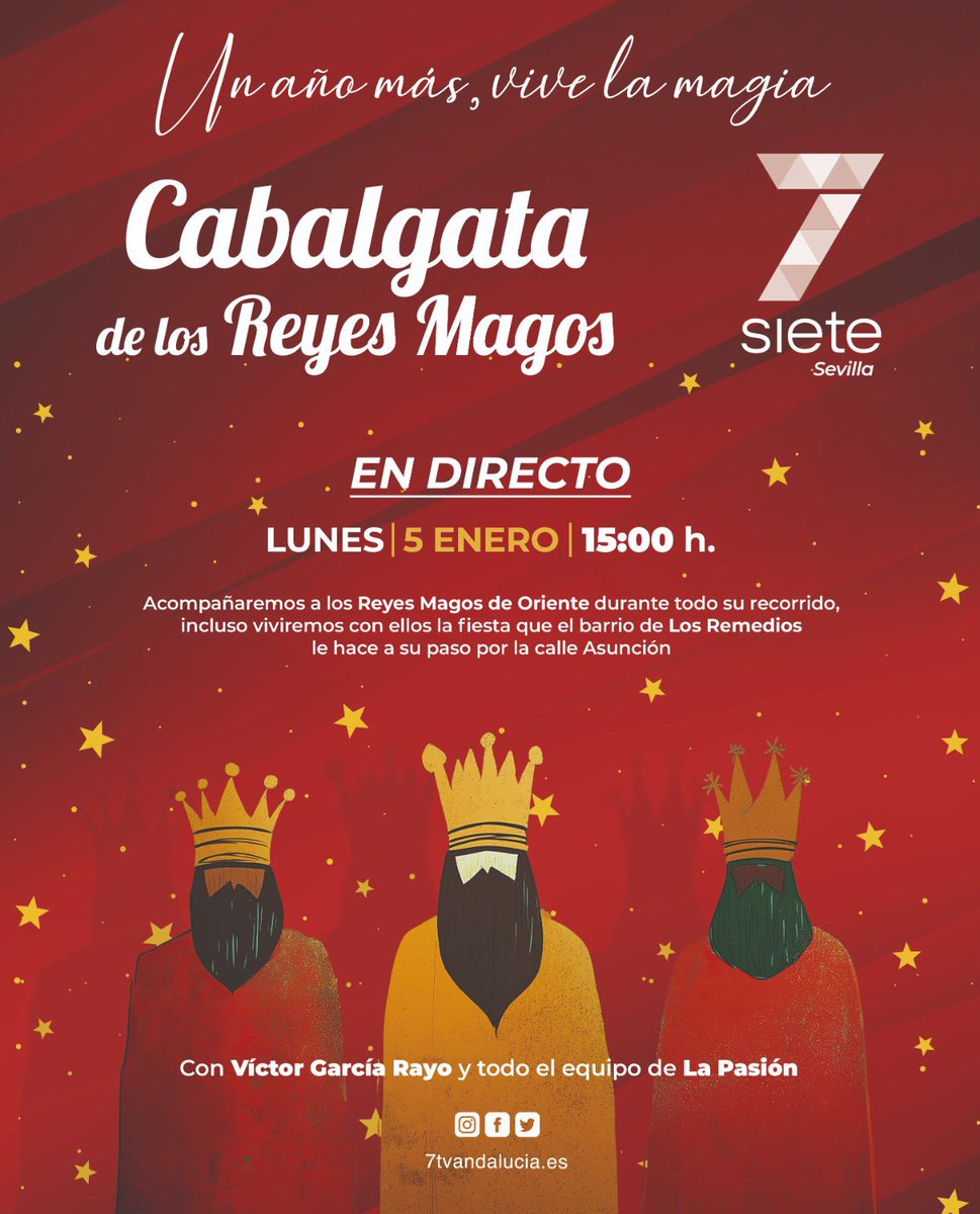 LaPasion7TV's tweet photo. 🎉 ¡A las 15h arrancamos la retransmisión EN DIRECTO!
📺 Vive un año más la @cabalgatasev en @7TVSevilla.
🌟 Desde su salida hasta su paso por la calle Asunción.
🎙️ Con el equipo de #LaPasion. https://t.co/5qOOyviOVB