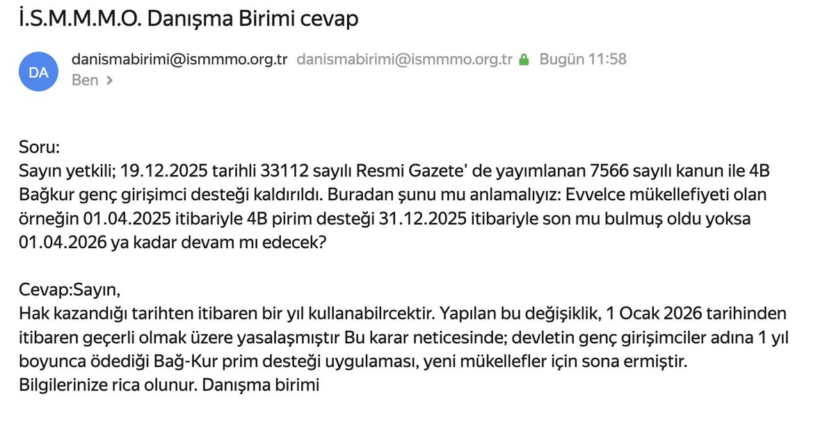 Genç Girişimci 4B-Bağkur desteğiyle alakalı <a href="/ISMMMODASI/">İstanbul SMMM Odası</a> destek biriminin ilettiği cevabı sizlerle paylaşıyorum.
