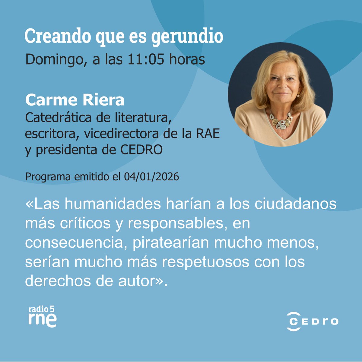 ¿Para qué sirven las humanidades en el mundo actual? 🤔

En #Creandoqueesgerundio hablamos con Carme Riera, catedrática de literatura, escritora, vicedirectora de la RAE y presidenta de CEDRO sobre el valor de la literatura, el pensamiento crítico y la cultura para entender