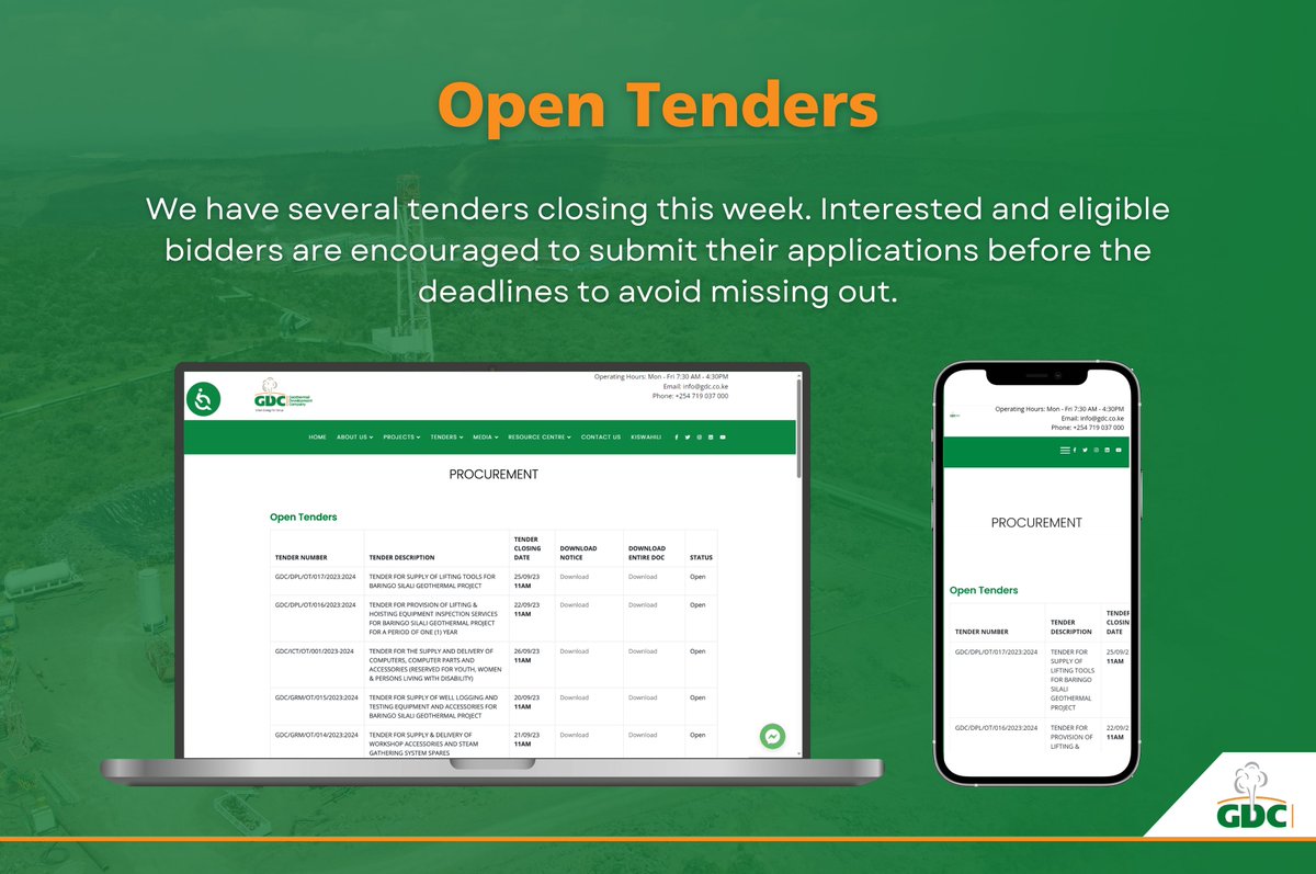 GDCKenya's tweet image. We have several tenders closing this week. Interested and eligible  bidders are encouraged to submit their applications before the deadlines  to avoid missing out. For more information, visit our website  gdc.co.ke/procurement/