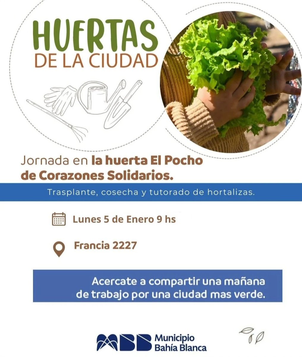 Hoy te invitamos a ser parte de una jornada donde las manos👐 se encuentran, el trabajo se comparte y la solidaridad se cultiva🌿.

En la Huerta El Pocho🌱 – Corazones Solidarios❤️ seguimos construyendo una Bahía más verde, más humana y más unida, a través del trasplante, la