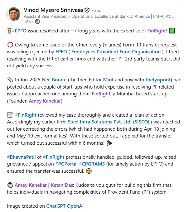 FinRight's tweet photo. PF problems don’t look hard, until you’re facing one.
Most cases don’t get stuck due to lack of effort, they get stuck because the system is hard to navigate.
Seeing two testimonials in one week tells us we’re working on problems that truly matter.
#GetItRightWithFinRight https://t.co/1a3MnYCT4Q