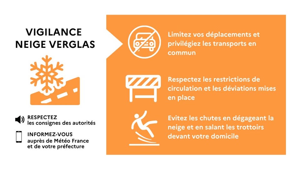 #AlerteMeteo 🟠 | @MeteoFrance place l'#Essonne en vigilance orange neige et verglas ce jour jusqu'à demain dans la matinée.
Des chutes de neige vont progressivement gagner la région Ile-de-France. Est attendue une fine couche de neige de 1 à 3 cm relativement humide et de 4 à 5
