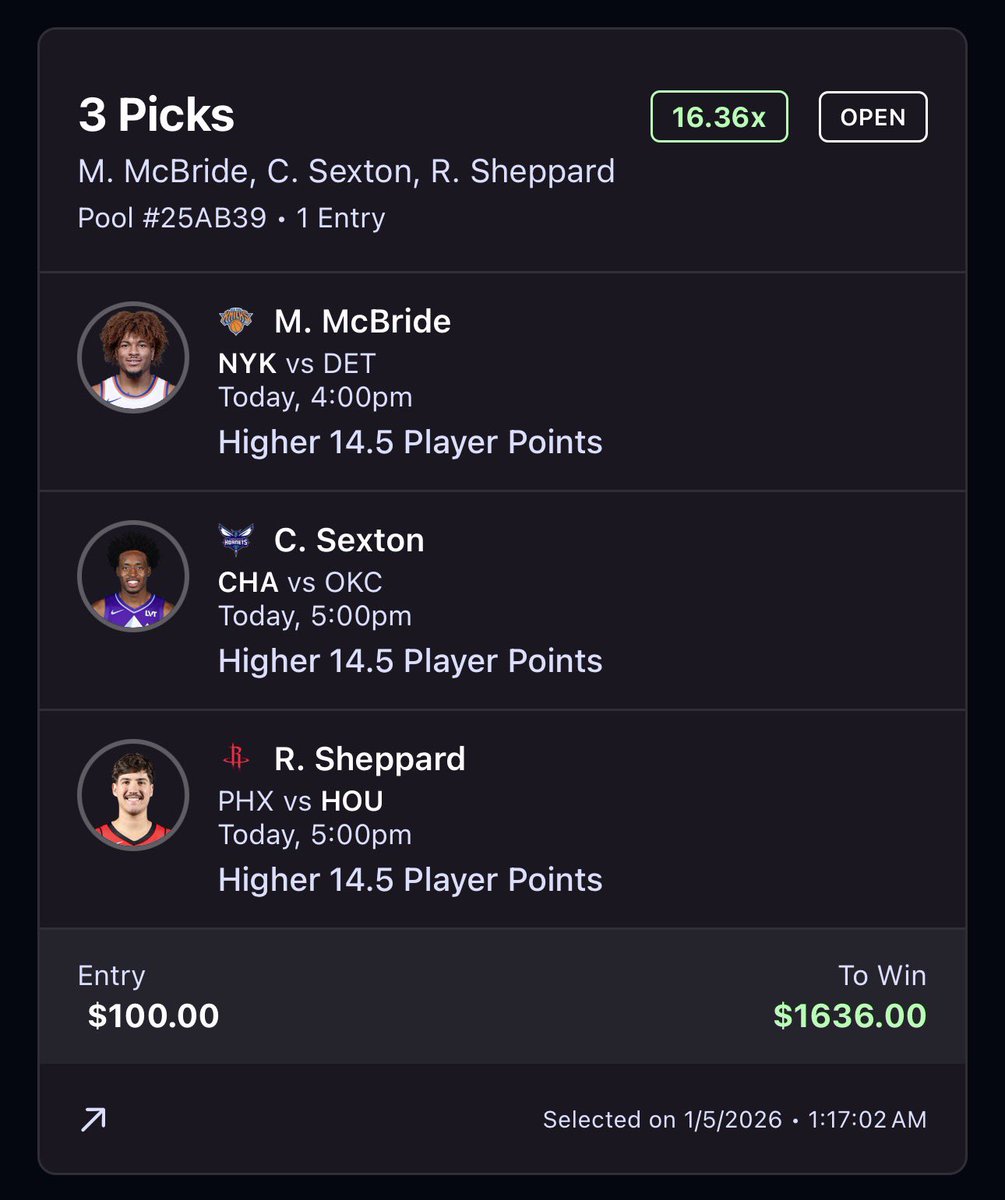 DylPicksGreens's tweet image. Go Get Buckets 🪣 

Just need a light 15 piece from the guys 🔥

Reed Sheppard #AllFire
Collin Sexton #HiveMentality
Miles McBride #NewYorkForever

+1536 on @OnyxOdds 💜 

$50 giveaway to someone who likes and RTs this post when we sweep 🧹  

Research courtesy of @PropFinderApp…