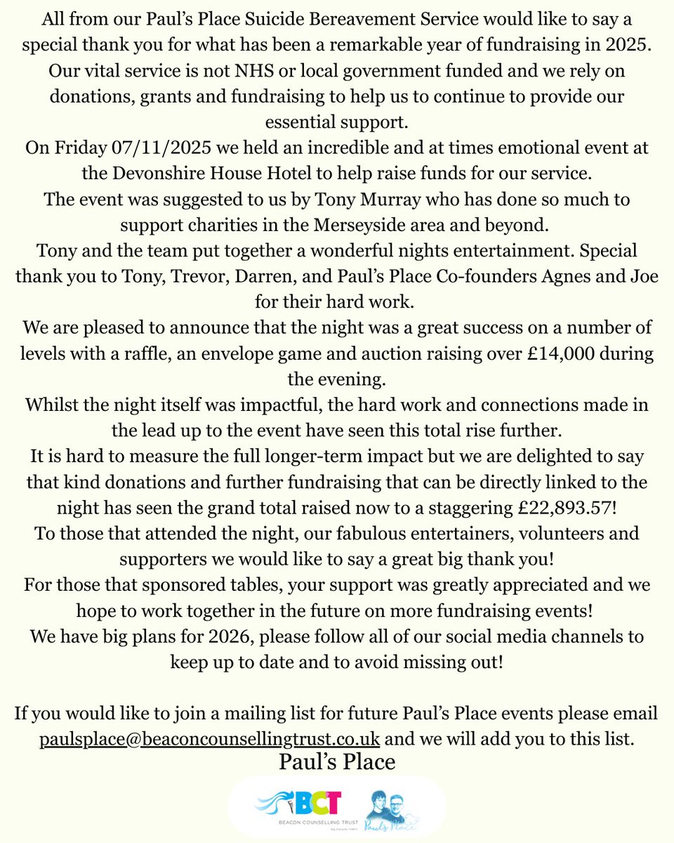 BCTNorthWest's tweet photo. All from our Paul’s Place Suicide Bereavement Service would like to say a special thank you for what has been a remarkable year of fundraising in 2025. https://t.co/jk1AyhlrGV