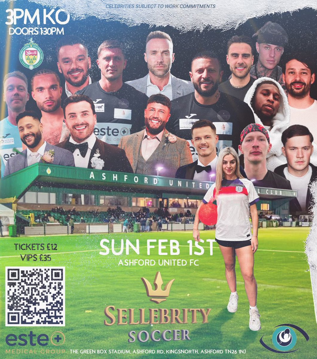 📣 💚 CELEBRITY CHARITY MATCH AT THE GREEN BOX STADIUM!

ℹ️ Celebrity charity football match at Ashford United FC - Raising funds for Dancing Eyes Charity

📆 Sunday 1st February 2026
🚪 Doors open at 1.30pm
⚽️ Kick Off: 3PM

🎟️ℹ️ Tickets &amp; more information available here: