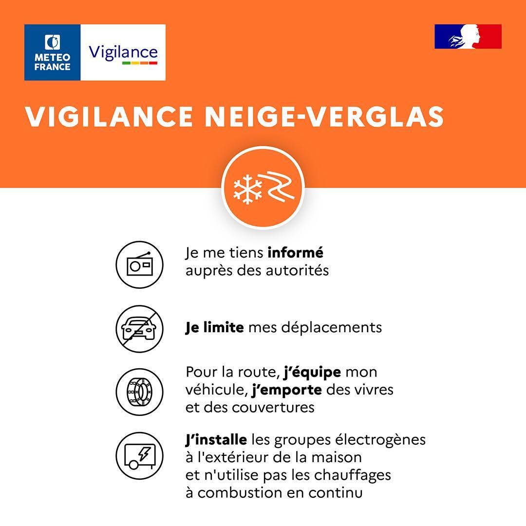 🟠 #Vigilanceorange 26 départements concernés lundi 05 et mardi 06 janvier 2026
🚘 Adaptez votre vitesse
👂 Suivez l’évolution sur <a href="/meteofrance/">Météo-France</a>
☎️ Urgence : 18 / 112
❄️ Ne doublez jamais un chasse-neige ou une saleuse en intervention
👉 Laissez-leur la priorité