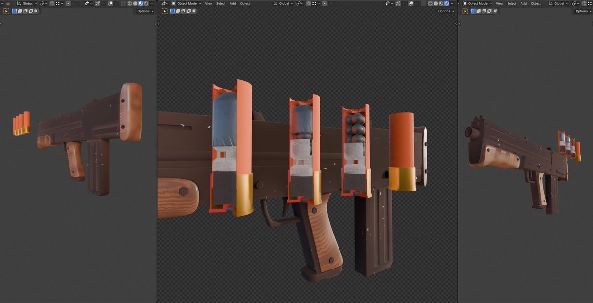 #b3d #blender #Suburb2045
試作10番ゲージ散弾銃（BP）  弾薬カットモデル
口径：10番（70mm特殊規格）  
配備：陸上自衛隊・生体対策科
弾種：強装スラグ弾(68g)/スラグ＋バック混合弾(53g)/バック弾(9.1mm x 12  54g)
制限：体重80kg以上