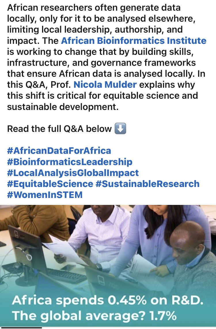 Please read this Q&amp;A with Prof. <a href="/Nicky_Mulder/">Nicky Mulder</a> explaining why
we need to build infrastructure &amp; governance frameworks that ensure African data is analysed locally.

Read: linkedin.com/posts/african-… 

#AfricanDataForAfrica #BioinformaticsLeadership #LocalAnalysisGlobalImpact #Equity