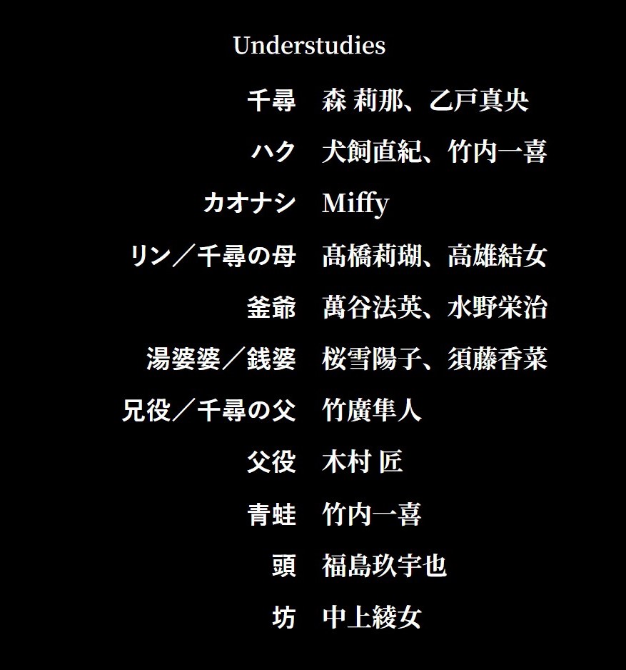#舞台千と千尋の神隠し
韓国ソウル公演🐉

✨Understudies 全役決定✨

カンパニー一同　
心をそろえて
『千と千尋の神隠し』をお届けします♨
芸術の殿堂 オペラハウスにて
お待ちしております💗