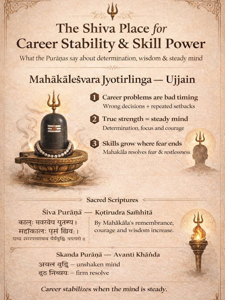 Geetashloks's tweet photo. The Shiva Place for Career Stability & Skill  🕉️

Power

The Puranas never describe career problems as a lack of luck.

They describe them as a disturbance of time-sense and mind-steadiness.

When decisions are rushed, fear-driven, or repeatedly reactive, effort scatters and skills fail to compound.

That is why Mahākāleśvara Jyotirlinga (Ujjain) is not associated with wealth alone -

it is associated with clarity of timing, courage, and an unshaken mind.

In the Śiva Purāna (Kotirudra Samhitā), Mahākāla is remembered as the form of Shiva who:

dissolves inner fear

steadies intelligence

restores confidence in right action

The Skanda Purāna (Avanti Khanda) repeatedly connects Mahākāla with:

acala buddhi

an unmoving intellect

drdha niścaya

- firm resolve

Because when the mind stops trembling, skills begin to grow naturally.

Shiva here is not changing external circumstances.

He is reordering the inner clock - so actions align with time instead of fighting it.

That is why careers stabilize not by force, but when fear ends and steadiness begins.

Career stabilizes when the mind is steady.

This is the Mahākāla principle.