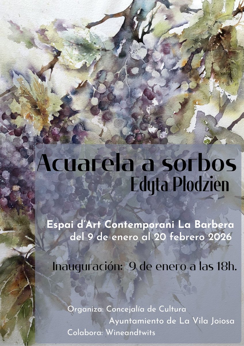 Cuenta atrás para la inauguración de "Acuarela a sorbos" de Edyta Plodzien en la que maridaremos #pintura con #música y #vino ¡Te esperamos este 09/01 a las 18h en Espai d'Art la Barbera de #villajoyosa con una copa de LaVirtu TU de <a href="/bodegavirtudes/">Bodega Las Virtudes</a> ! 
<a href="/wineandtwits/">#wineandtwits</a> <a href="/AjtVilaJoiosa/">Ajuntament de la Vila Joiosa</a>