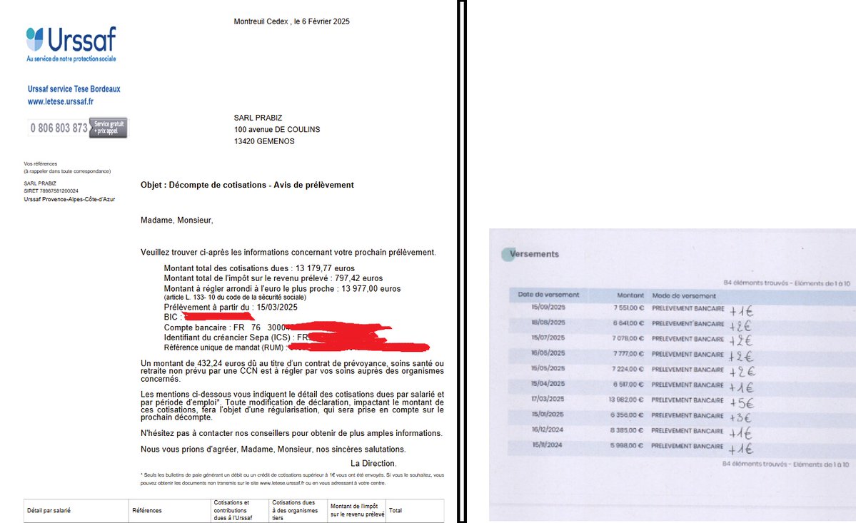 AlexBazire13's tweet image. Voici un bordereau de cotisation d'un montant de 13 977 euros, pourtant nous sommes prélevé de de 13 982 euros! ( tableau complet à droite des prélèvements et des écarts) Un détournement massif des PME utilsant le service TESE URSSAF a été decouvert! des millions sont détournés!…