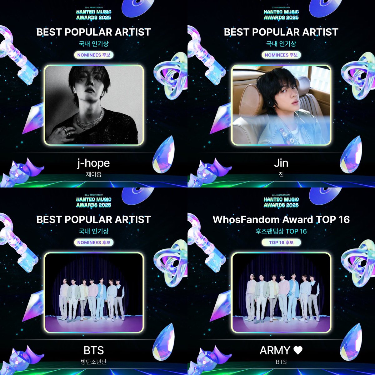 — #BTS y sus miembros #JIN y #JHOPE se encuentra nominados en los Hanteo Music Awards ✨

▫️Se necesitan 3 apps: Whosfan,Fan Cast y Mubeat

▫️categorias:

•Best Popular Artist ( BTS,JHOPE,JIN) 

 • Whos Fandom Award Top16
ARMY (BTS)

Más info👇🏻