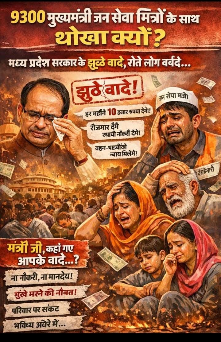 #जनसेवा_मित्रो_को_बहाल_करो
गरीबों पर प्रहार मोहन सरकार
<a href="/RahulGandhi/">Rahul Gandhi</a>
<a href="/UmangSinghar/">Umang Singhar</a> 
<a href="/ChouhanShivraj/">Shivraj Singh Chouhan</a> 
<a href="/CMMadhyaPradesh/">Chief Minister, MP</a> <a href="/DrMohanYadav51/">Dr Mohan Yadav</a> 
<a href="/patrika_mp/">Patrika Madhya Pradesh</a>
<a href="/MPTakOfficial/">MP Tak</a>
<a href="/IBC24News/">IBC24 News</a>
 <a href="/mpnewstv/">MP News</a> 
<a href="/News18India/">News18 India</a>
 <a href="/VistaarNews/">Vistaar News</a>
 <a href="/NDTVMPCG/">NDTV MP Chhattisgarh</a>
 <a href="/mpbreakingnews/">MP Breaking News</a>
 <a href="/ZeeMPCG/">Zee MP-Chhattisgarh</a>