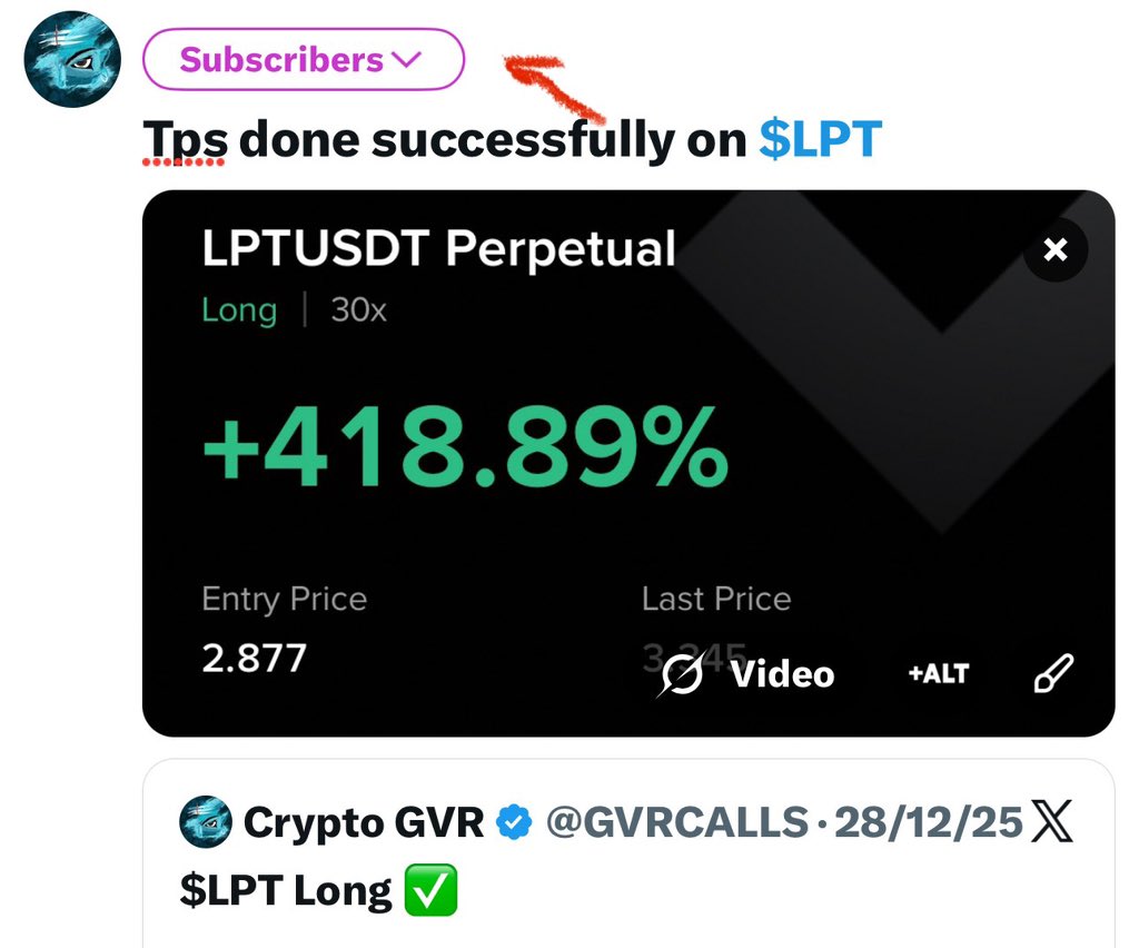 Trade 400 : $LPT 418% up for my Twitter subscribers Total lost trades in  Jan : 0 Note : Subscribe my X for more trades ✓