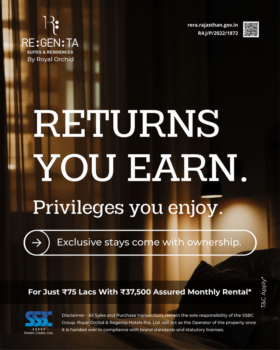 group_ssbc's tweet photo. Enjoy a smarter way to invest in comfort and returns. 

📞 Call / WhatsApp: +91 93528 44144
.
.
#RegentaSuites #RoyalOrchid #SmartInvestment #HospitalityInvestment #PassiveIncome #ManagedLiving #LuxuryResidences #EffortlessReturns #SSBCGroup #InvestSmart https://t.co/f6lP3oFQjx