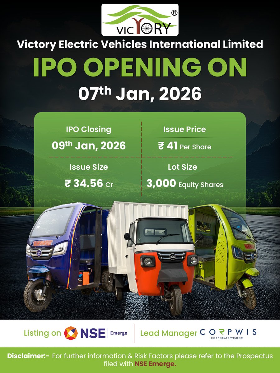AKMILAdvisors's tweet photo. #VictoryElectricVehicles #VictoryEV #IPOOpening #IPO2026 #SMEIPO #NSEEmerge #IPOUpdate #PublicIssue #ElectricVehicles #ElectricMobility #EVIndustry #GreenMobility #SustainableTransport #CleanEnergy #MakeInIndia #EVManufacturing #AutoSector #FutureOfMobility #CapitalMarkets https://t.co/6NWzFkFkdt