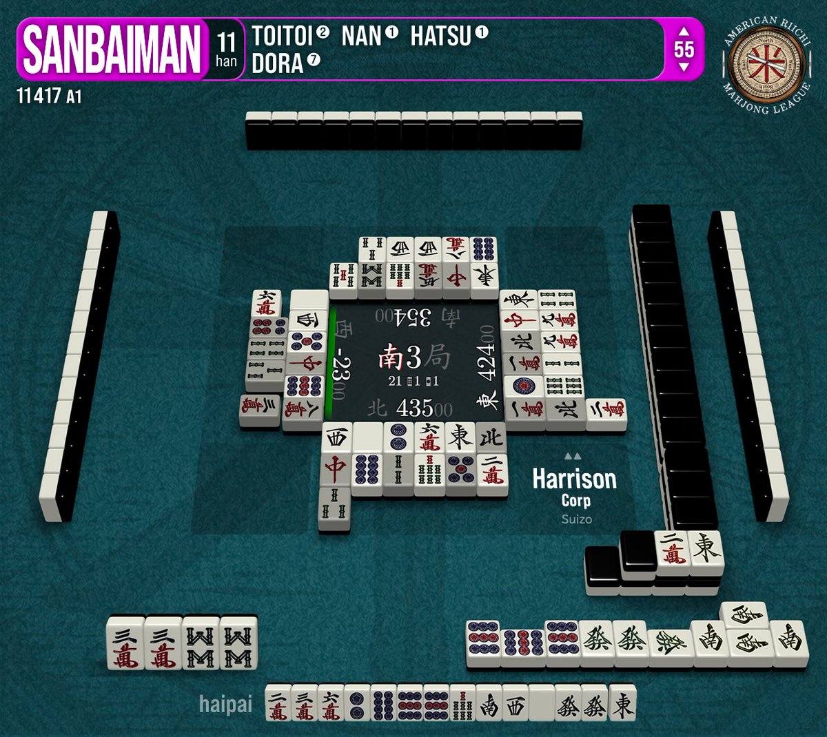 Next day, our 2nd of 3 Summer sanbaimans w/b registered by Harrison in A1. This one is the kan for dora variety.

This would allow him to fight for the season title. At least until Brian would run away in Round 6.

Also, hold that thought.

#riichi #麻雀 #三倍満