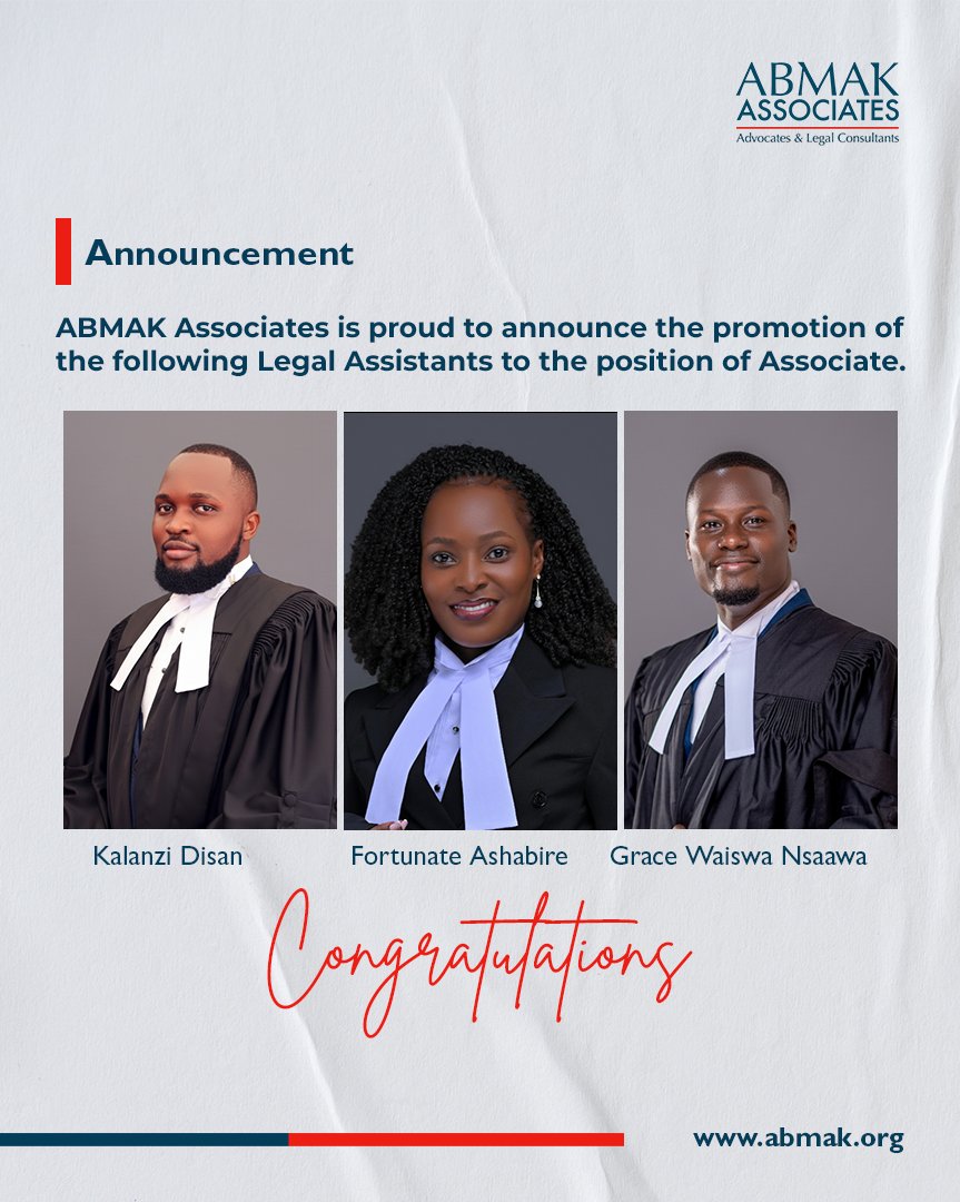 We are pleased to recognise the continued growth and progression within our team as part of our commitment to professional excellence.

Congratulations to <a href="/sheena_amate/">Sheena Ainerukundo</a> , <a href="/KalanziDisan/">Kalanzi Disan</a>  <a href="/ashabire93697/">Fortunate Ashabire</a> , and <a href="/nsaawa_grace/">NSAAWA WAISWA GRACE</a>  on this important step in their careers. 
#ABMAKAssociates