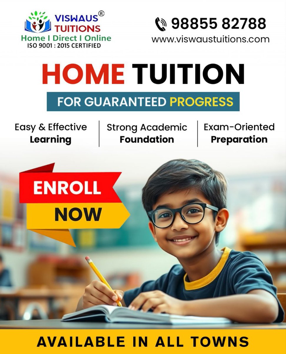 viswaus's tweet photo. Get the best Home tutoring that gives marks improvement for your child with smart learning and academic progress!

📍 Available in ALL TOWNS

📞 Call Now: 9885582788
🌐 Visit: https://t.co/DQbYO3zA9P

#ViswausTuitions #HomeTuition #OnlineTuition #DirectTuition https://t.co/9iRAQnNDZj