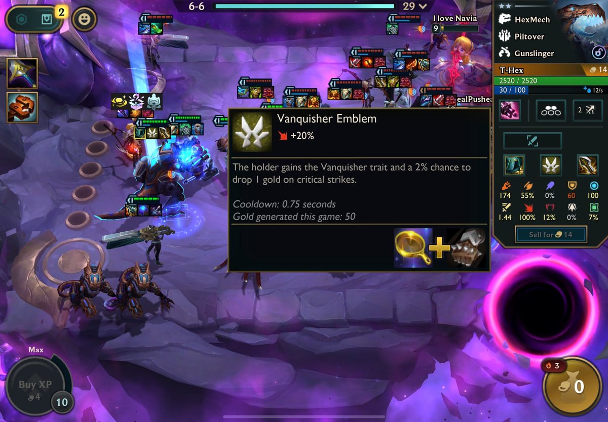 Pushean's tweet photo. vanquisher emblem t-hex + mining drill = infinite money glitch #TFT https://t.co/0tcvPS0Mz9