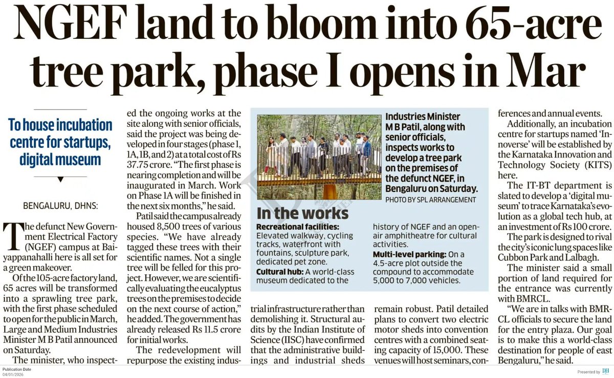 MBPatil's tweet photo. Breathing New Life into Bengaluru 🌿
Sharing media reports on the 65-acre Tree Park at the NGEF site, Baiyyappanahalli - a meaningful step towards a greener, healthier city and much-needed lung space for our people.
#NGEF #TreePark https://t.co/5zPJgsgOyF