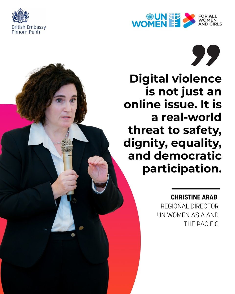 christinearab's tweet image. Digital violence is not just an online issue. It is a real-world threat to safety, dignity, equality, and democratic participation.

Co-hosted by @UN_Women and the British Embassy in Cambodia, a powerful high-level dialogue brought together voices from government, civil society,…