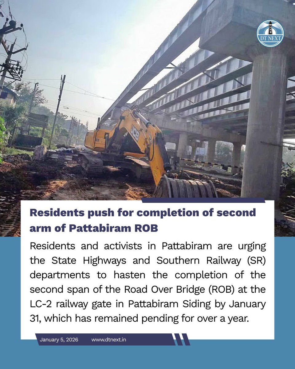 dt_next's tweet image. #Residents &amp;amp; #Activists in #Pattabiram are urging the State Highways and SR departments to hasten the completion of the second span of the #ROB at the LC-2 railway gate in Pattabiram Siding by Jan 31.

🖋️ @Prithivrajanbu 

dtnext.in/news/chennai/r… 

#DTNext