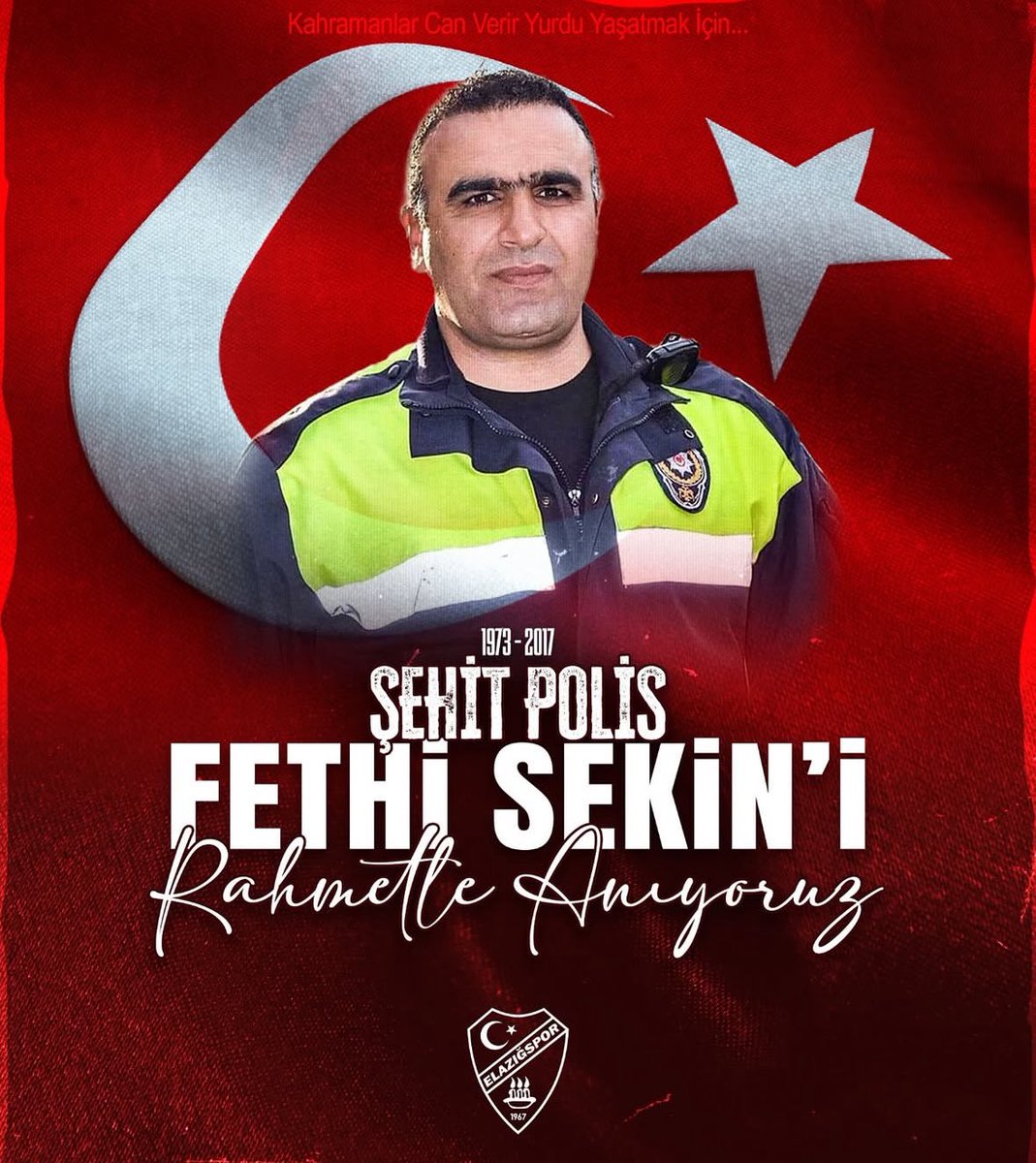 elazigspororgtr's tweet photo. Elazığ’ımızın ve milletimizin kahramanı, fedakarlığıyla adını tarihe yazdıran Şehit Polis Memuru Fethi Sekin’i, şehadetinin 9. yıl dönümünde rahmet, minnet ve dualarla anıyoruz.

Vatan sevgisiyle dolu yüreği ve cesareti, milletimizin hafızasında sonsuza dek yaşayacak. Seni unutmadık, unutmayacağız.
Mekanın cennet olsun, ruhun şad olsun 🇹🇷

#FethiSekin #elazığ #elazığspor