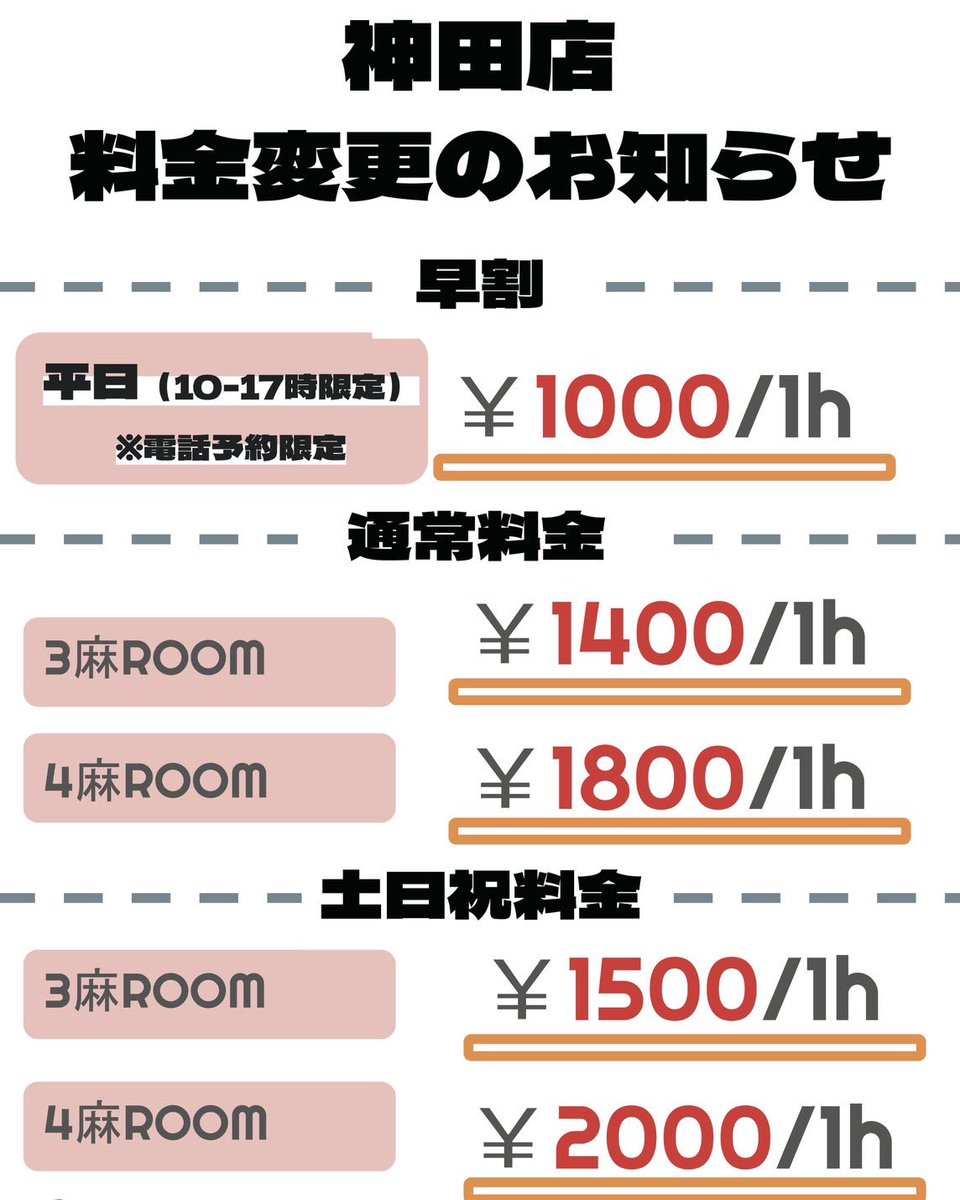 Ryouma_Kanda's tweet photo. 仕事納め12/31・仕事始め1/1だった中の人です
1月5日〜プロ割の料金が改正されました🙇‍♀️
早割・プロ割は継続してやっていきますどん🔥
今後も麻雀龍馬くん神田店をよろしくお願いします🙇‍♀️

【神田店】📞0362068899 https://t.co/ic78aemVOU