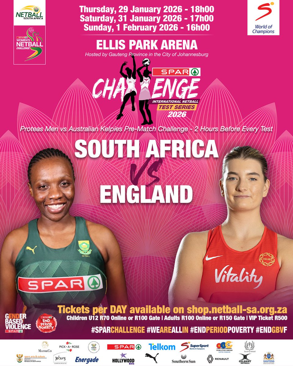 The SPAR Challenge is back! 🔥
🇿🇦 SPAR Proteas 🆚 English Roses 🏴󠁧󠁢󠁥󠁮󠁧󠁿 

Curtain Raisers!
🇿🇦 Proteas Men 🆚 Australian Kelpies 🇦🇺

📅 29, 31 Jan &amp; 1 Feb
🎟️ shop.netball-sa.org.za/event/south-af…

#SPARChallenge #SPARProteas #WeAreAllIn #SAMensNetball #EndPeriodPoverty #EndGBVF