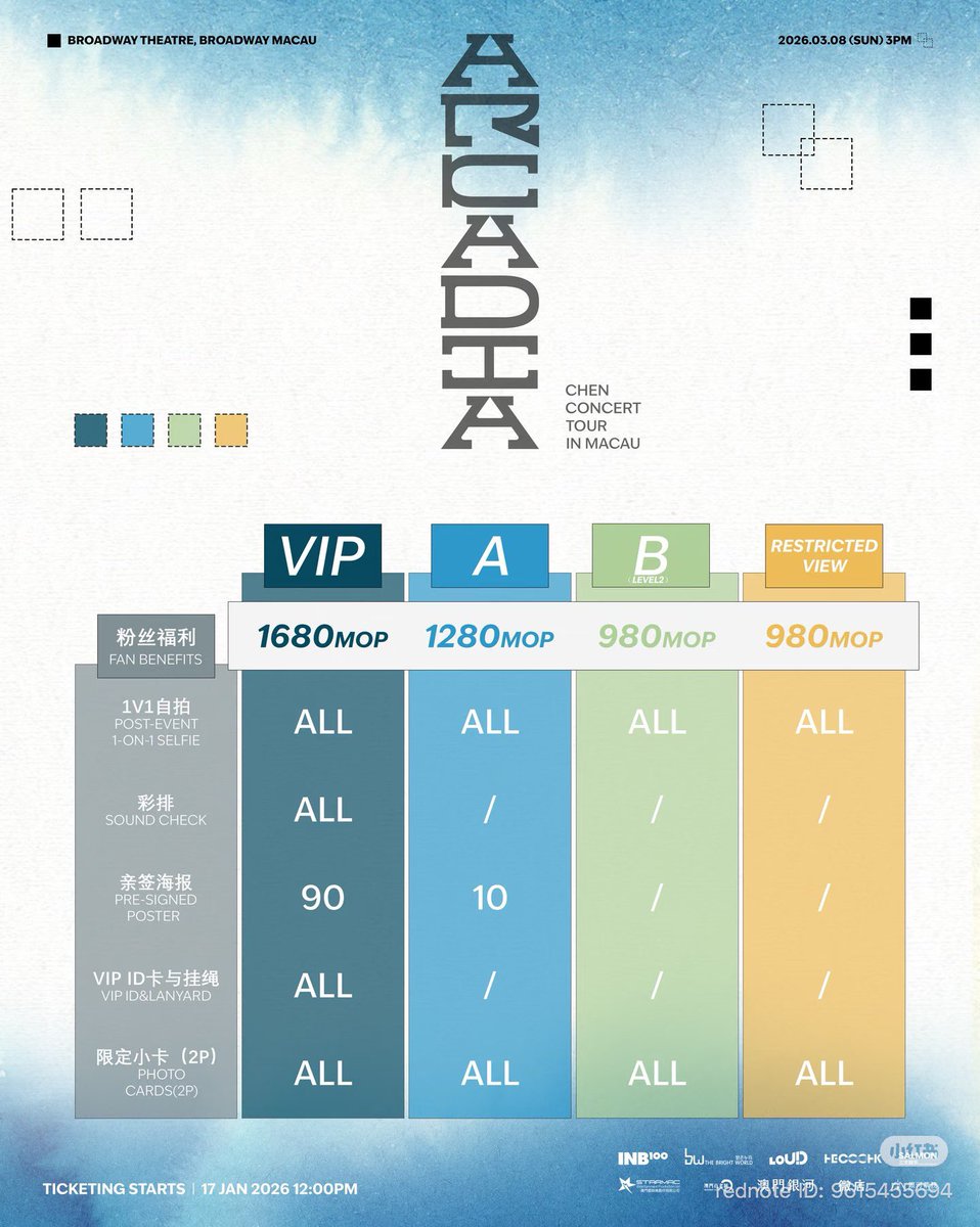 #CHEN Update

260105 | Salmon Entertainment Rednote Update: CHEN CONCERT TOUR < Arcadia> in MACAU
🔗 xhslink.com/o/AAkTBrt5t2N 

📅 March 8, 2026 (4PM KST)
📍Broadway Theater Macau
🎟️ Galaxy Macau Official Website
Jan. 17 (Sat) at 01:00PM KST

#金鍾大 #CHEN #첸 #ArcadiaMACAU