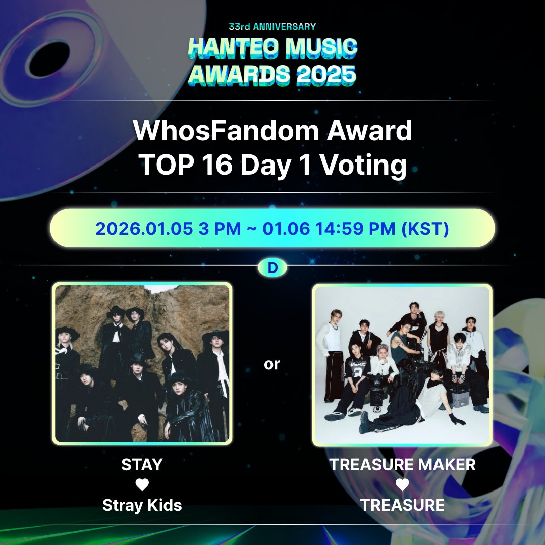 Hanteo_HMAs's tweet image. #HMA2025 x #Whosfan

🏆 #후즈팬덤상 #WhosFandomAward
TOP 16 Day 1 - D1 투표 오픈 / Voting Open!

STAY ❤️ #StrayKids @Stray_Kids
or
TREASURE MAKER ❤️ #TREASURE @ygtreasuremaker

👇지금 투표 중! / Vote now!
🗳 whosfan.com/ranking/695b2b…