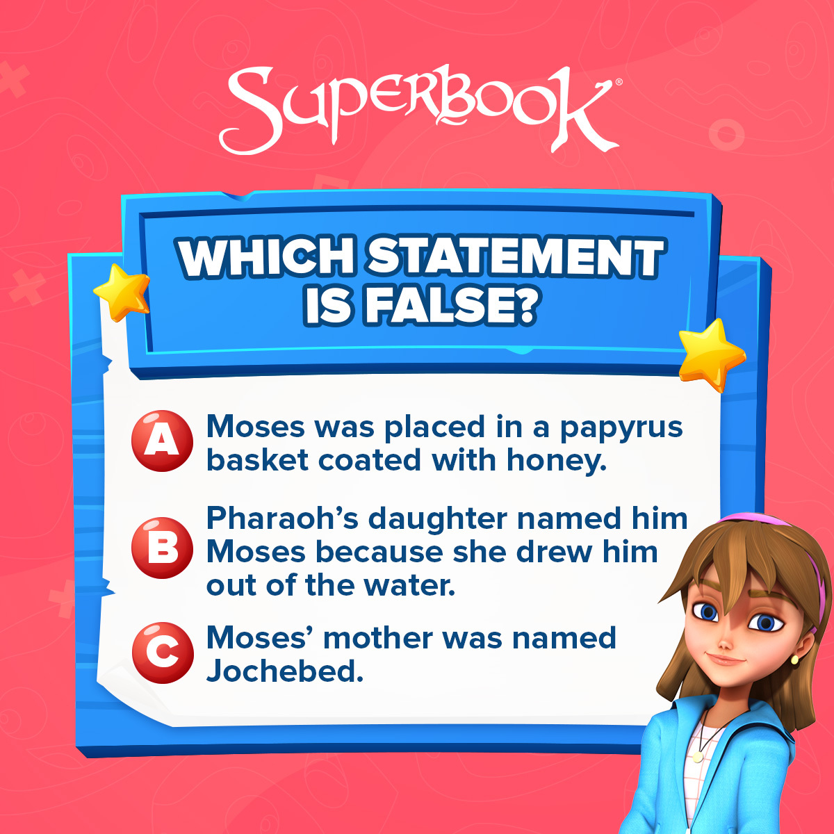 SuperbookTV's tweet image. Get ready for a new round of #WhichStatementIsFalse! 🤔💡📖

One of these Bible facts isn’t true. Can you figure out which one? 1️⃣

Share your answer with us! 👇🏻
.
.
.
.
.
SUPERBOOK
Bringing Bible Stories and Jesus' love to kids everywhere
Series + App + Academy + Outreach