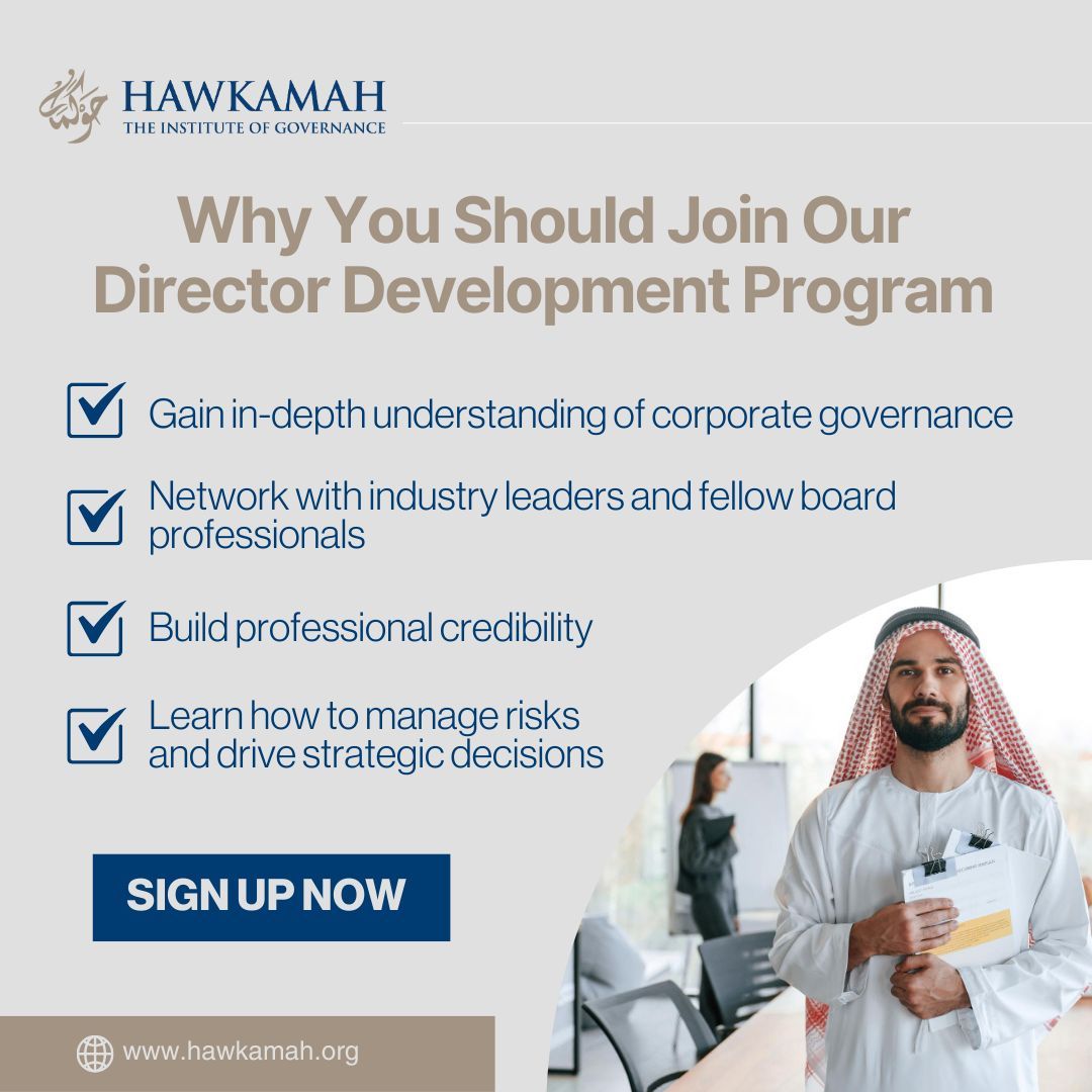 DDP is our flagship program for leaders looking to enhance their expertise in corporate governance and boardroom dynamics. Gain essential skills, make valuable connections, and get certified as a director.

Apply now for the next intake!

hawkamah.org/en/upcoming-ev…
