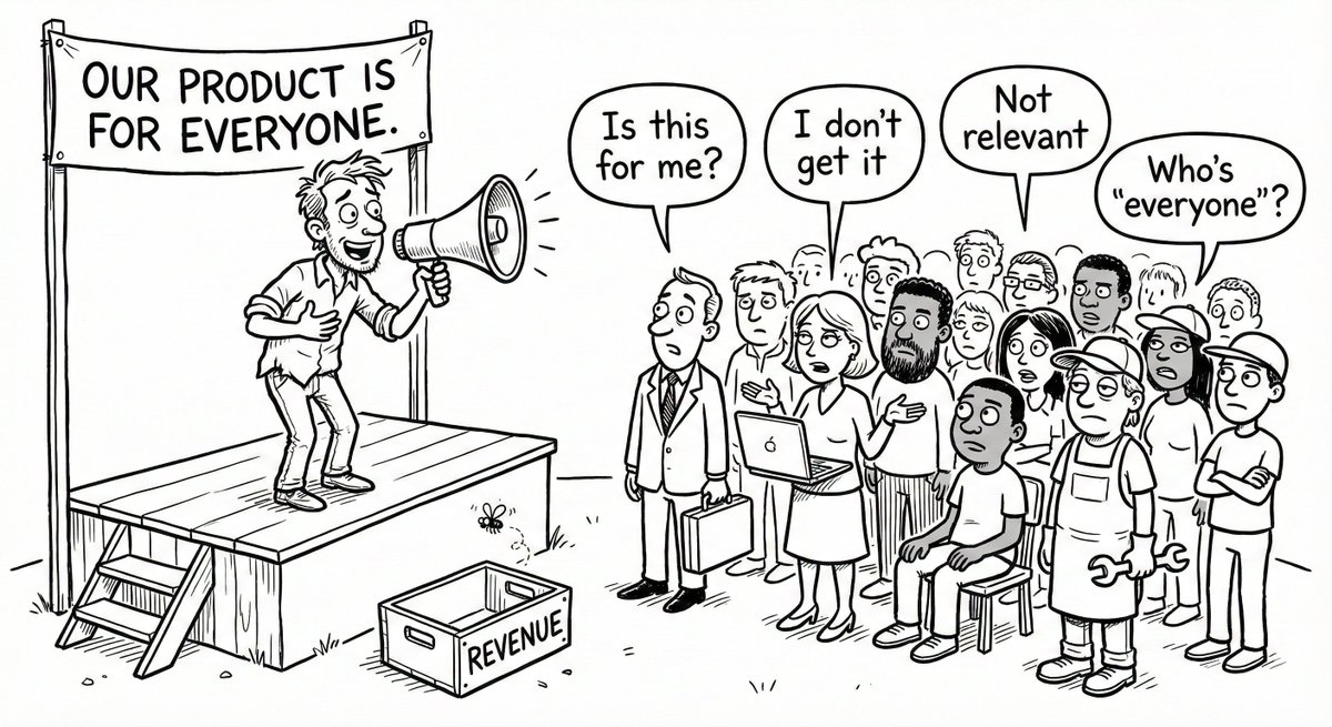 "Everyone is our customer" is the fastest way to $0 MRR.

Here's what happens when you skip ICP work:

Landing pages speak to no one specifically → vague messaging tanks conversions
Ads waste cash on unqualified clicks
Sales calls drag on with mismatched prospects

I've seen