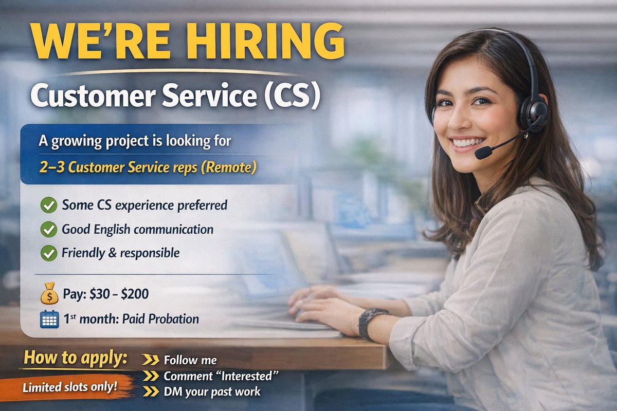 fazalelahi21's tweet image. 📢 We’re Hiring: 2–3 Customer Service (CS) Representatives for a Growing Project

🌟 Join Our Team!
A well-established and growing project is looking to expand its support team by hiring 2–3 reliable Customer Service (CS) representatives.

If you have experience in:
💬 Customer…