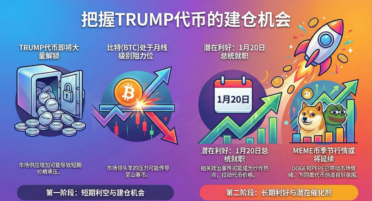 思考现在是不是 建仓 $TRUMP 和 $pnut 的好时机。
 ↓↓↓↓↓↓
博弈得逻辑：特朗普大约会在1月20号正式上任 。

建仓机会：利用利空低位吸筹 
$TRUMP 会迎来一个比较大的解锁  +  #BTC 处于周线级别的阻力位    可能导致TRUMP价格下跌  趁机会累计筹码  

在川普正式上任期之前  可能会炒作相关代币