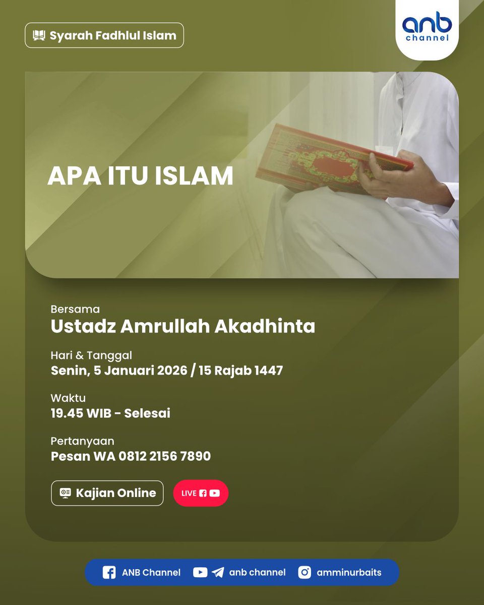 Insya Allah kita lanjutkan pembahasan kitab Fadhlul Islam nanti malam di ANB Chanel. Ada beberapa ayat &amp; hadits yg dibawakan penulis dalam bab "Tafsir Islam".