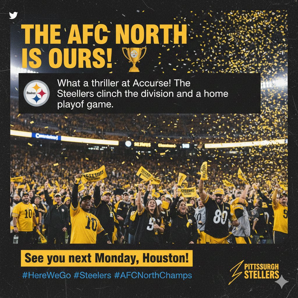 ZaneH40482's tweet photo. THE AFC NORTH IS OURS! 🏆
What a thriller at Acrisure! The Steelers clinch the division and a home playoff game. See you next Monday, Houston!
#HereWeGo #Steelers https://t.co/p63gwEvuQH #AFCNorthChamps https://t.co/erPNYKWg5L