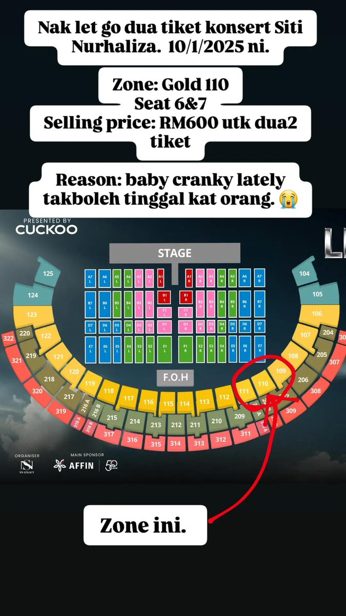 #Legacy30SitiNurhaliza

Wts 2x ticket siti nurhaliza 
Zone gold 110 seat 6&amp;7 sebelah sebelah. 

Reason: baby baru lepas demam cranky sgt takboleh nK tinggal. 

Selling price rm600 for both (nego)