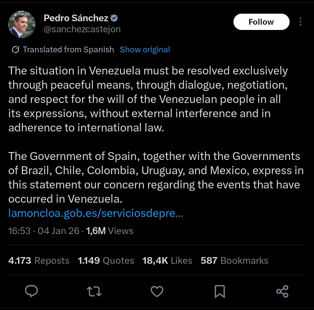 ClareDalyIRL's tweet image. Only a single EU Member State, Spain, has clearly rejected Trump's lawless assault on Venezuela and international law, signing up to a joint statement with Brazil, Chile, Colombia, Mexico and Uruguay.

Separately, 26 EU Member State governments (including Spain, excluding…