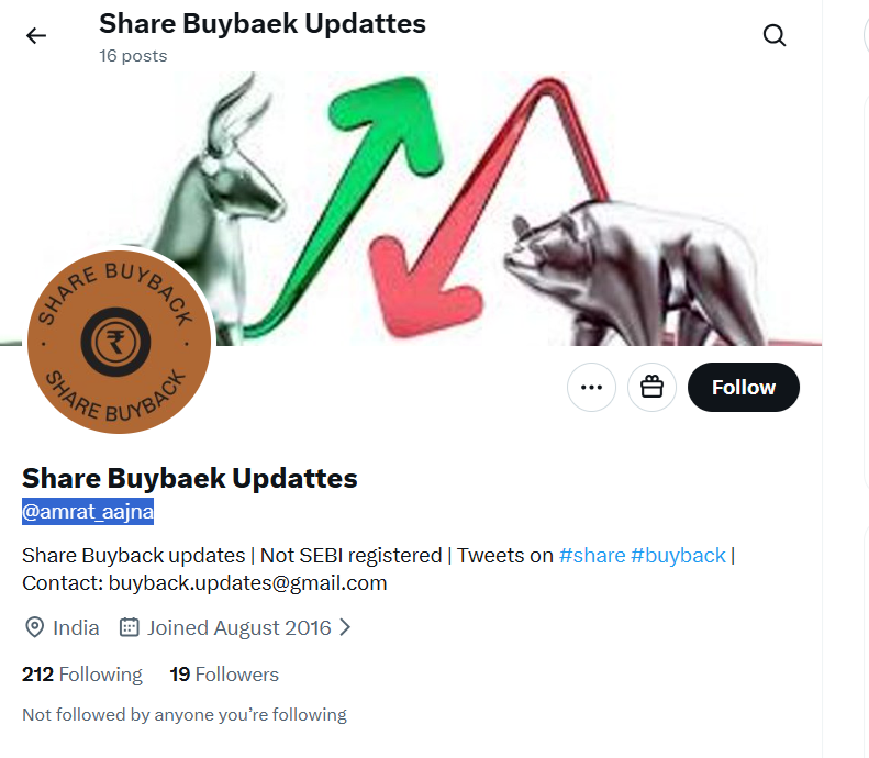 share_buyback's tweet image. Alert! Fake Account 

Someone @amrat_aajna  has created a fake X account pretending to be me. Please report it and don’t engage or deal with them. 

Thanks for your support! 

#FakeAccount #ReportScam #StayAlert #CyberSafety #XSecurity