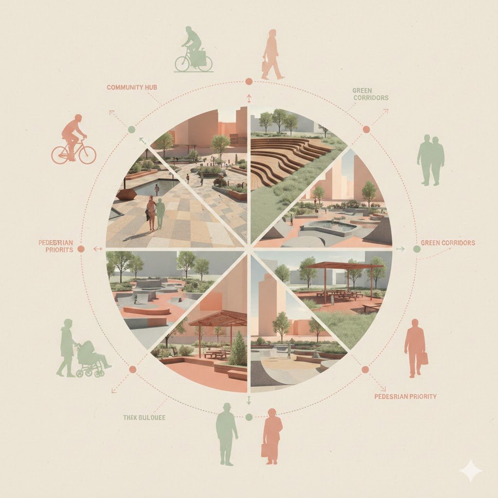 提示词：

[Medium &amp; Format] Architectural infographic poster, urban planning concept board, post-digital collage style.
[Composition] Centralized radial layout, a large segmented circle in the middle acting as a window to different 3D architectural scenes.
[Subject Content]