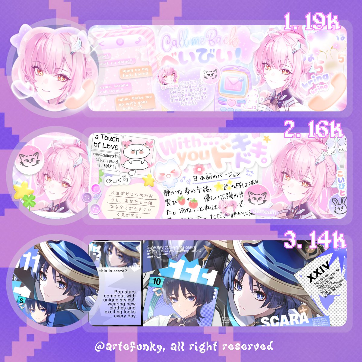 artefunky's tweet photo. a retweet will be appreciated!

hai ~gwen ada ready stock aemeath, scara, &amp; jahoda art baru! price on pict ( qris only ), free re-text no re-color &amp; get 1 ava+header+icon, yuk jajan 💓

— #zonauang #zonajajan https://t.co/P0vIWjE8dA