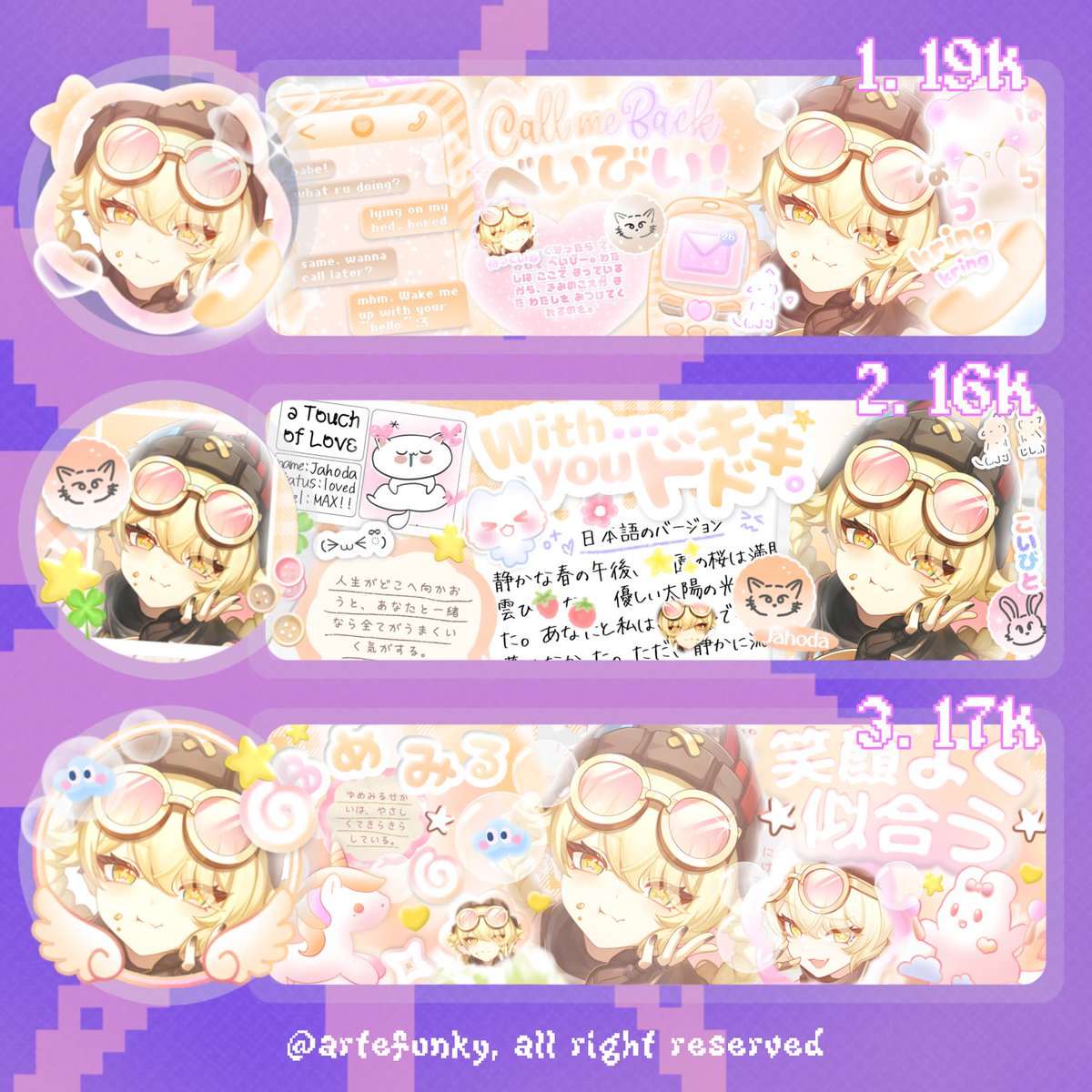 artefunky's tweet photo. a retweet will be appreciated!

hai ~gwen ada ready stock aemeath, scara, &amp; jahoda art baru! price on pict ( qris only ), free re-text no re-color &amp; get 1 ava+header+icon, yuk jajan 💓

— #zonauang #zonajajan https://t.co/P0vIWjE8dA